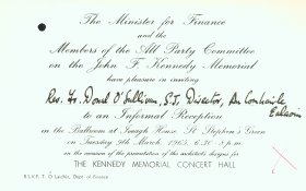 Invitation from the Minister for Finance and the Members of the All Party Committee on the John F. Kennedy Memorial to Rev. Fr. Donal O'Sullivan, S.J. Director of the Arts Council.